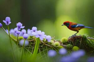 een kleurrijk vogel neergestreken Aan een Afdeling in de Woud. ai-gegenereerd foto