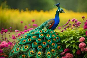 de Pauw is een mooi vogel dat is vaak gezien in tuinen en velden. ai-gegenereerd foto