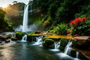mooi waterval in de oerwoud Bij zonsopkomst. ai-gegenereerd foto