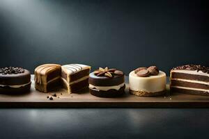 vijf verschillend cakes Aan een houten dienblad. ai-gegenereerd foto