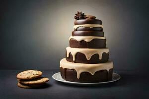 een chocola taart met suikerglazuur en koekjes Aan een bord. ai-gegenereerd foto