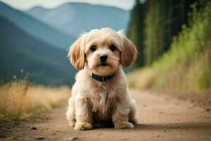 een klein hond zittend Aan de kant van een weg. ai-gegenereerd foto