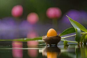 een ei in een nest Aan de water met bloemen. ai-gegenereerd foto