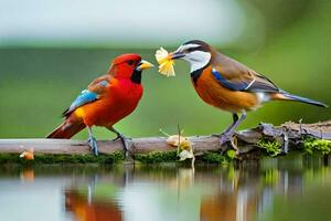 twee kleurrijk vogelstand staand Aan een Afdeling met een bloem. ai-gegenereerd foto