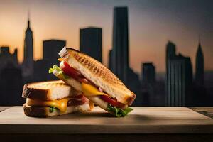 de stad horizon is de backdrop voor deze Sandwich. ai-gegenereerd foto