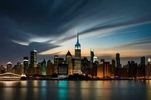 de Manhattan horizon Bij nacht. ai-gegenereerd foto
