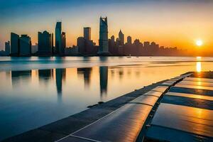 de zon sets over- de stad horizon in dubai. ai-gegenereerd foto