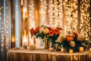 een tafel met kaarsen en bloemen in voorkant van een draad van lichten. ai-gegenereerd foto