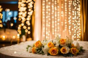 een tafel met geel rozen en kaarsen in voorkant van een backdrop van lichten. ai-gegenereerd foto