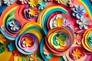 kleurrijk papier bloemen zijn geregeld in een regenboog patroon. ai-gegenereerd foto