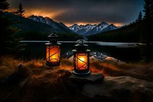 lantaarns door de meer. ai-gegenereerd foto