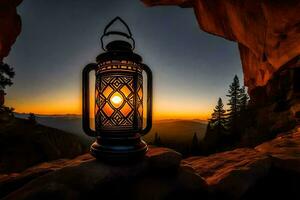lantaarn, zonsondergang, berg, landschap, hd behang. ai-gegenereerd foto