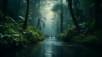 tropisch regenwoud met een Mens wandelen Aan een stroom ai gegenereerd foto