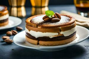 twee cakes Aan wit borden met koffie en chocola. ai-gegenereerd foto