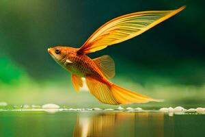 een goudvis is vliegend over- water. ai-gegenereerd foto