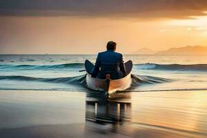 een Mens in een boot Aan de oceaan Bij zonsondergang. ai-gegenereerd foto
