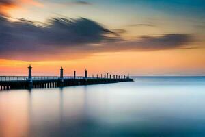 een lang blootstelling fotograaf van een pier Bij zonsondergang. ai-gegenereerd foto