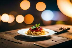 spaghetti met tomaat en basilicum Aan een bord. ai-gegenereerd foto