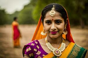 een vrouw in een sari poses voor een foto. ai-gegenereerd foto