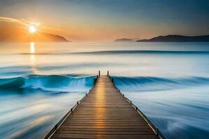 een houten pier strekt zich uit in de oceaan Bij zonsondergang. ai-gegenereerd foto