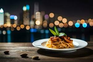 spaghetti met vlees en amandelen Aan een bord. ai-gegenereerd foto