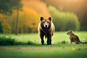 een bruin beer en een vos in een veld. ai-gegenereerd foto