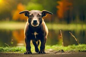 een hond is staand Aan de grond in de buurt een meer. ai-gegenereerd foto