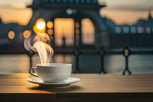 een kop van koffie Aan een houten tafel met een visie van de stad. ai-gegenereerd foto