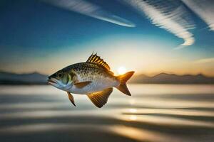 een vis is vliegend over- de water Bij zonsondergang. ai-gegenereerd foto