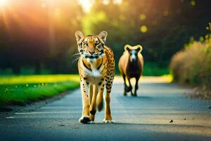 een tijger en een geit wandelen naar beneden een weg. ai-gegenereerd foto