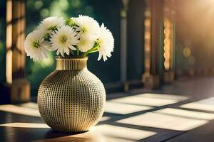 een vaas met wit bloemen Aan een tafel. ai-gegenereerd foto