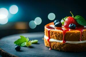 een taart met aardbeien en bosbessen Aan top. ai-gegenereerd foto