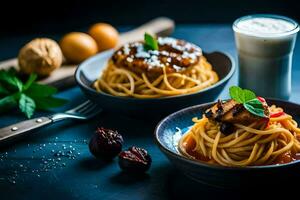 spaghetti met gehaktballen en kers tomaten Aan een donker tafel. ai-gegenereerd foto