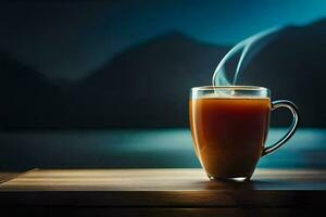 een kop van koffie Aan een tafel met een berg in de achtergrond. ai-gegenereerd foto