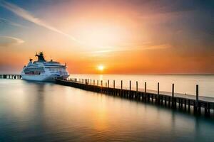 een reis schip aangemeerd Bij de pier Bij zonsondergang. ai-gegenereerd foto