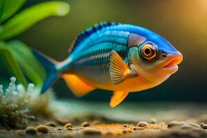 een vis met helder blauw ogen en een groot mond. ai-gegenereerd foto