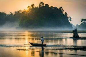 een Mens in een boot Aan de rivier- Bij zonsopkomst. ai-gegenereerd foto