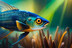 een vis met helder blauw ogen en geel vinnen. ai-gegenereerd foto