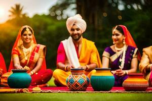 Indisch bruiloft ceremonie met bruid en bruidegom in traditioneel kleding. ai-gegenereerd foto