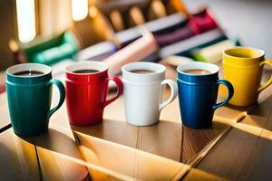 vijf kleurrijk koffie mokken zitten Aan een houten tafel. ai-gegenereerd foto