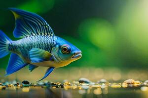 een blauw vis met een geel staart zwemmen in de water. ai-gegenereerd foto