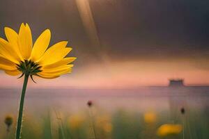 een geel bloem staat in voorkant van een zonsondergang. ai-gegenereerd foto