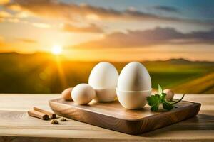 eieren Aan een houten dienblad met specerijen en kruiden. ai-gegenereerd foto