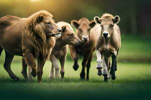 een groep van leeuwen rennen in de gras. ai-gegenereerd foto