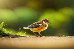 een klein vogel is staand Aan de grond. ai-gegenereerd foto