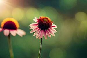 twee roze bloemen zijn staand in voorkant van een groen achtergrond. ai-gegenereerd foto