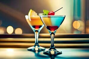 twee bril van cocktails met kleurrijk garnituren. ai-gegenereerd foto