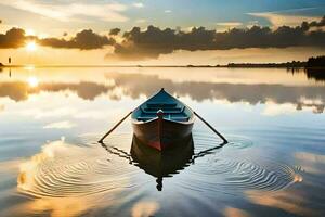 een boot is drijvend in de water Bij zonsondergang. ai-gegenereerd foto