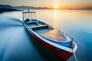 een boot is het zeilen Aan de water Bij zonsondergang. ai-gegenereerd foto