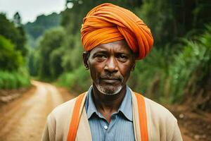 een Afrikaanse Mens vervelend een oranje tulband Aan een aarde weg. ai-gegenereerd foto